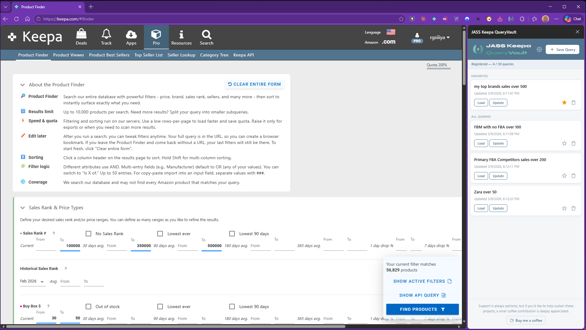 QueryVault in action — saving a Keepa Product Finder query